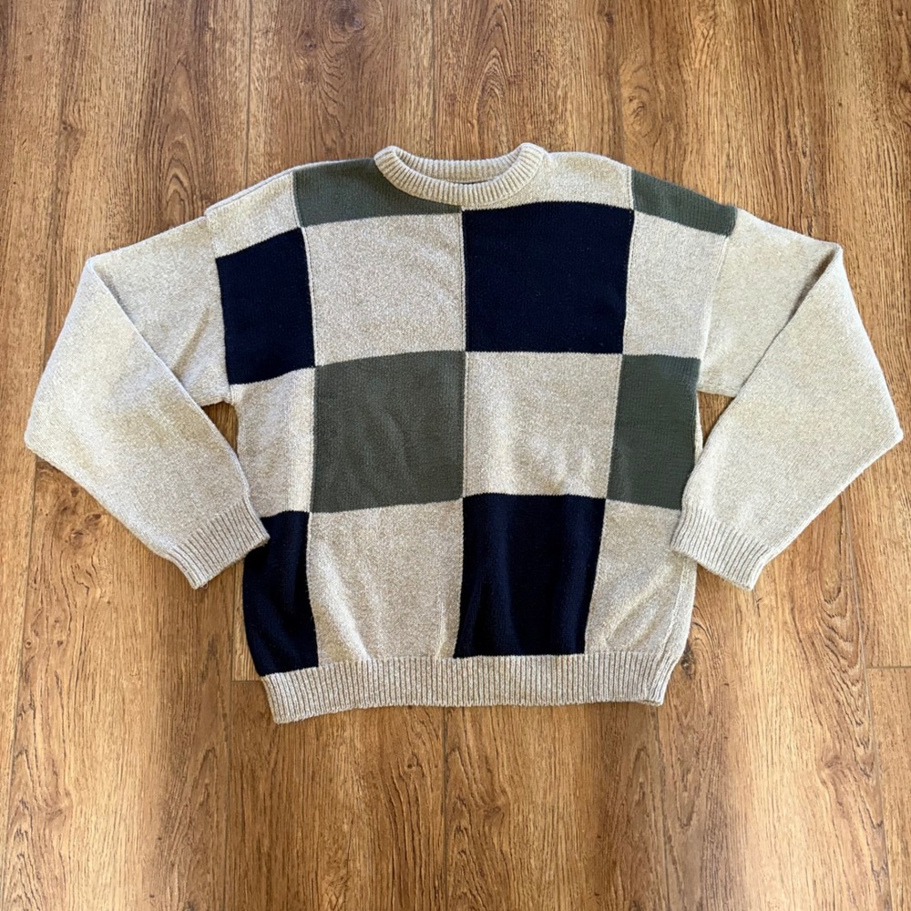 Trader Bay VTG Colorblock Checkerboard Knit Sweater‎ Brown Mens M 90s USA Made